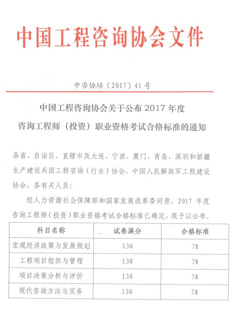 2017年咨詢(xún)工程師考試成績(jì)合格標準已公布